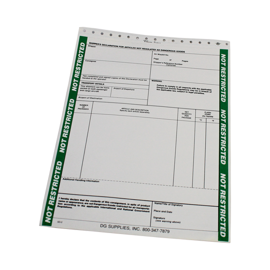 Non-Hazardous Materials Form for Air Transport (100 Pack) - (SD2)